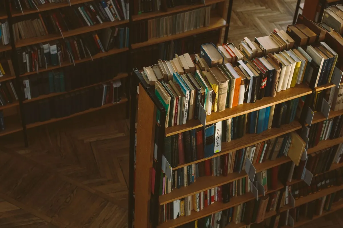 Books on wooden shelves