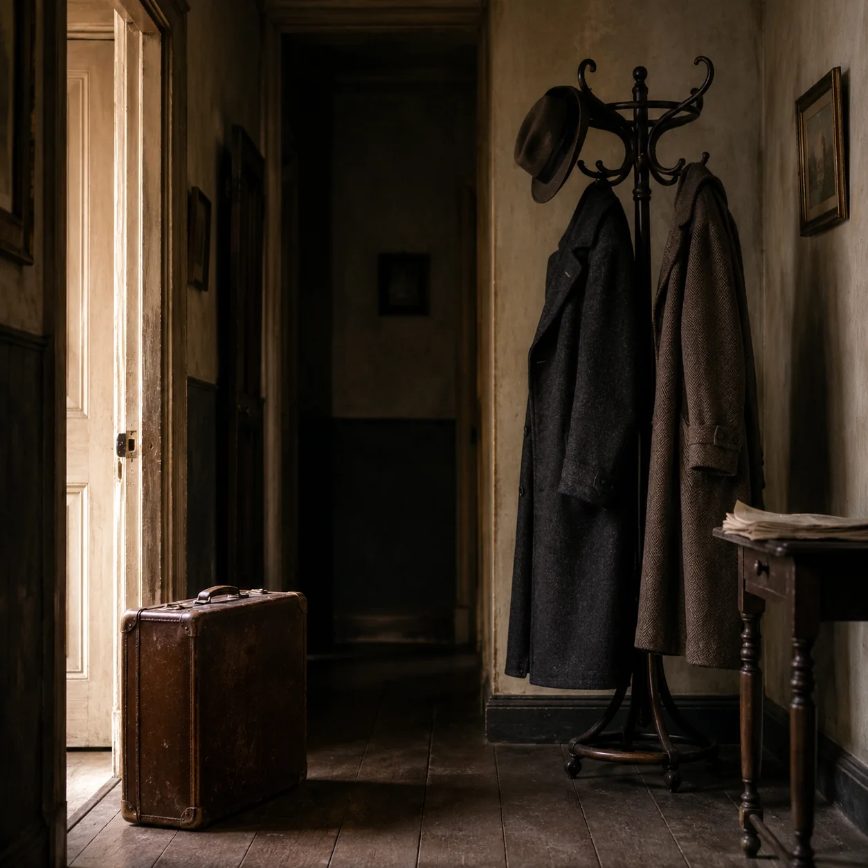 A 1920s hallway with a hat stand, two coats and a packed suitcase