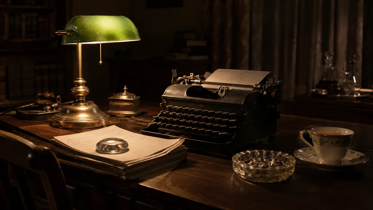A 1930s writing desk with a typewriter and a stack of manuscript pages
