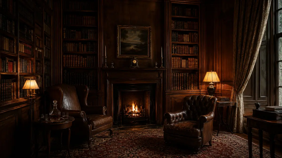 Inside, the library and the drawing room, where the questioning happens and the revelation lands.