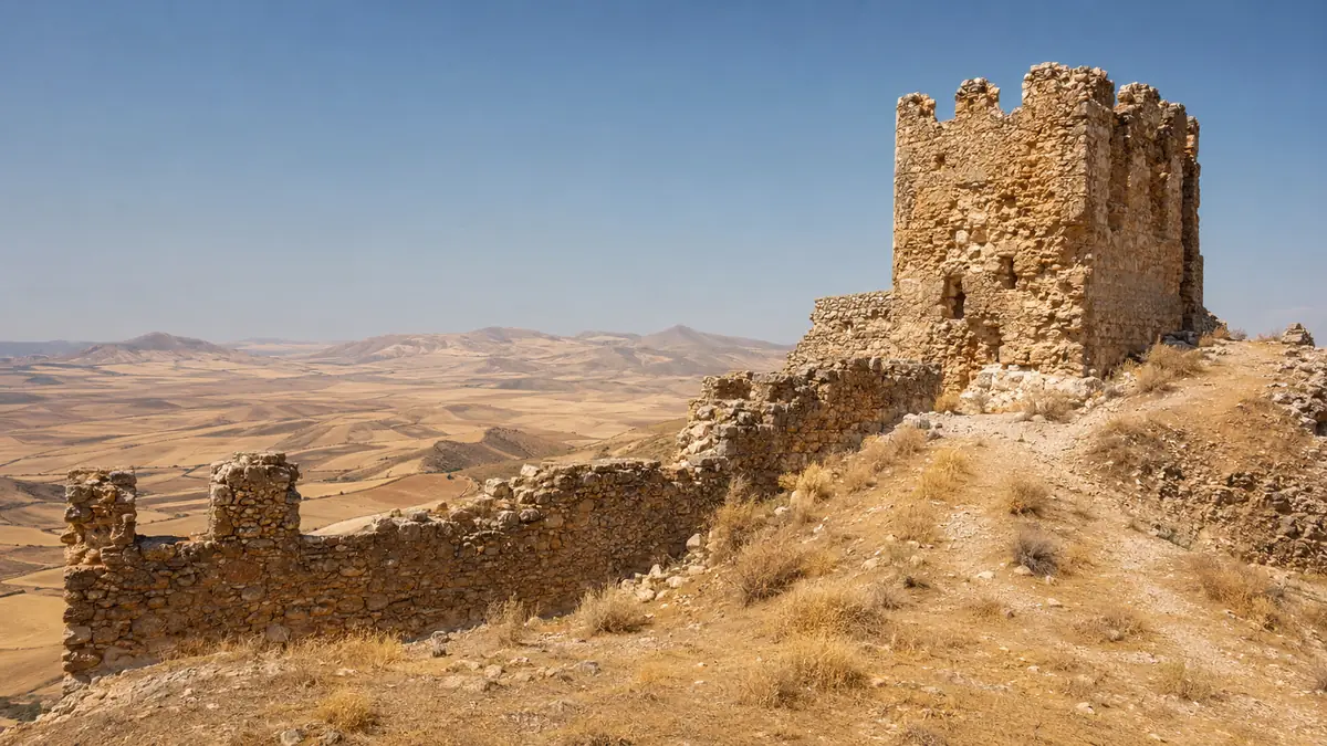 A hilltop fortress in the Peninsula seen from below at dusk