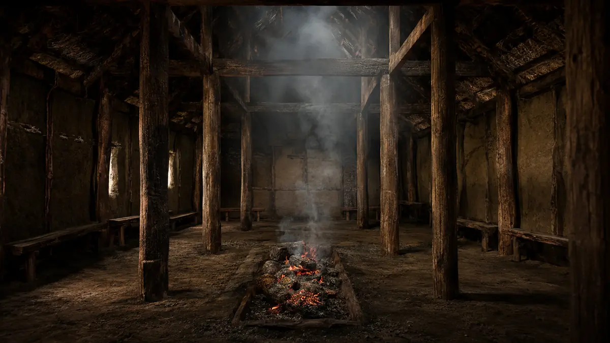 A smoky timber hall lit by a long central fire