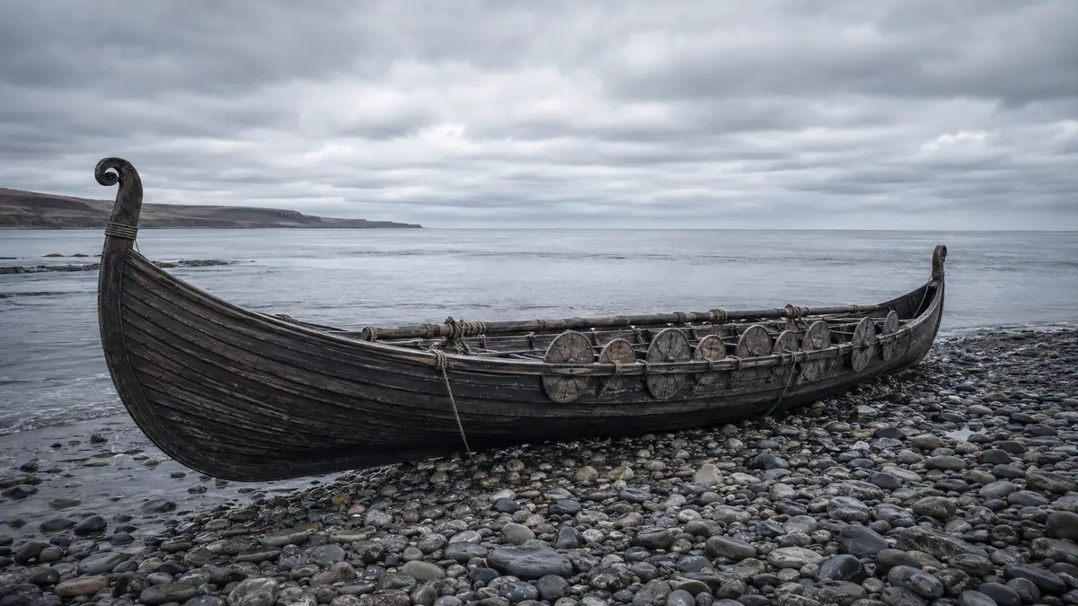 A beached longship at low tide under a wide northern sky