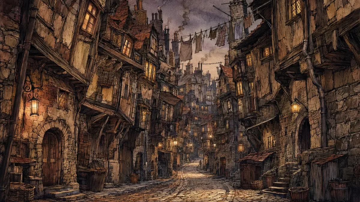 A crowded river city of crooked rooftops and smoke