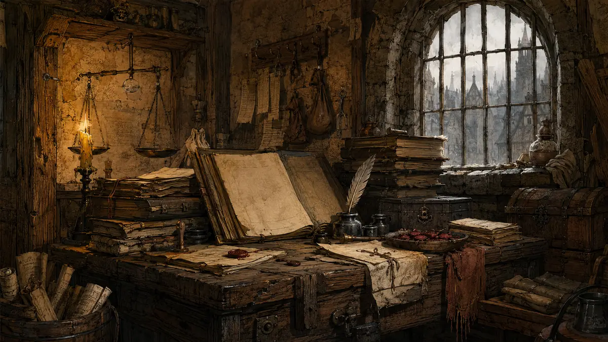 Behind the street doors: guilds, ledgers and paperwork. Half the Watch books are really about institutions.