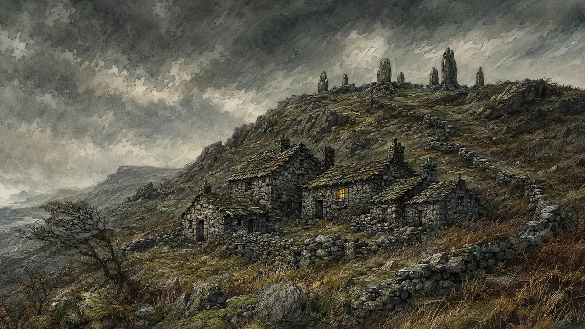 A small kingdom of hills, standing stones and low cloud
