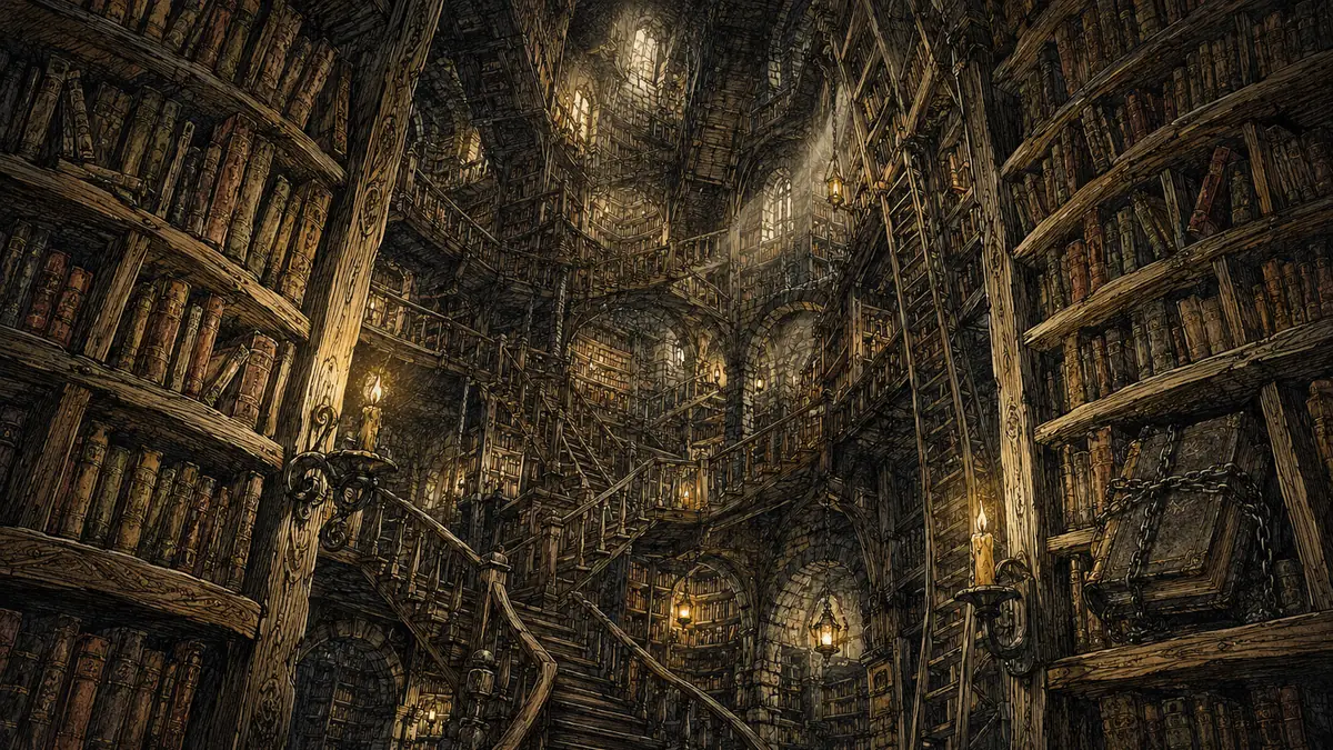 A library where the shelves bend away into impossible distance