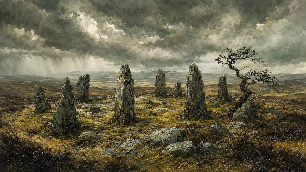 Standing stones on the moor above the villages. In the Witches books the old things are still there, and still paying attention.
