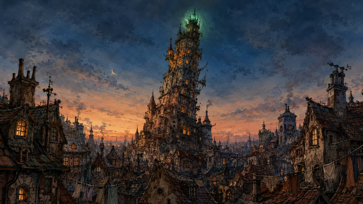 A crooked wizarding tower under a green sky
