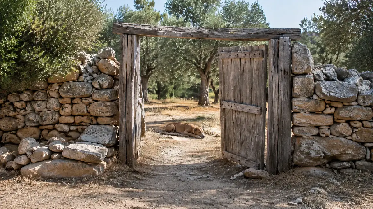 A farmstead gate on Ithaca. Argos has waited twenty years, recognises Odysseus in a moment, and dies in the next — the oldest famous dog in Western literature and still the most economical.