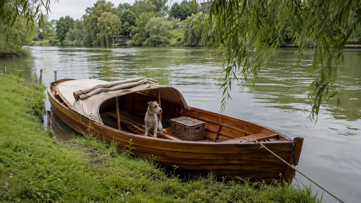 A camping skiff on the Thames at Sonning. Montmorency is aboard, in the way, and entirely convinced the trip was his idea.