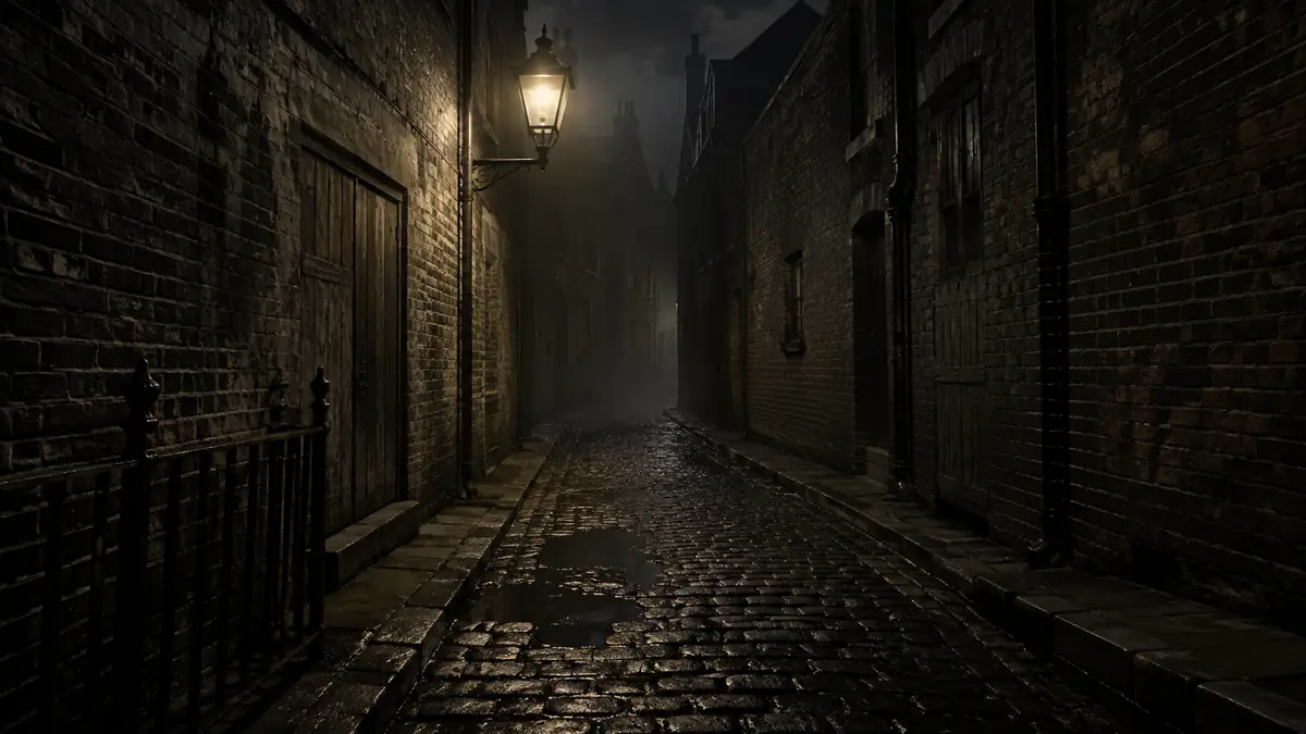 A wet London alley. Bullseye follows Sikes through Oliver Twist like a conscience nobody wants, and Dickens never once lets you like him.