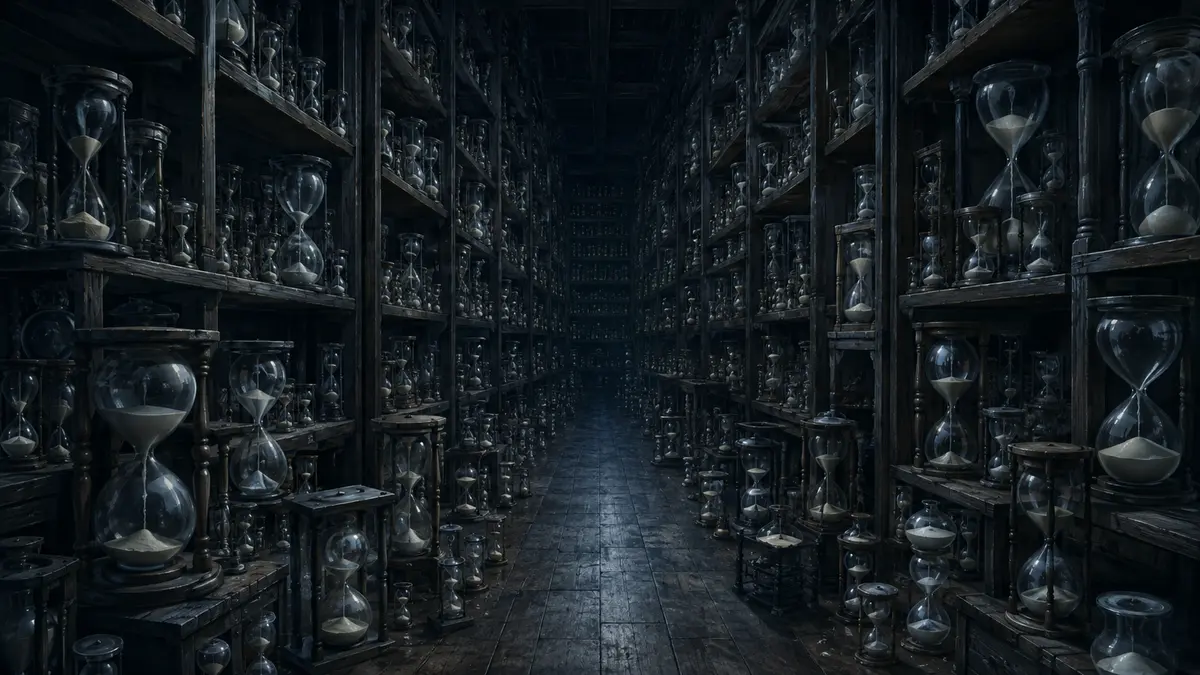 A quiet room of shelved hourglasses, each running down at its own pace