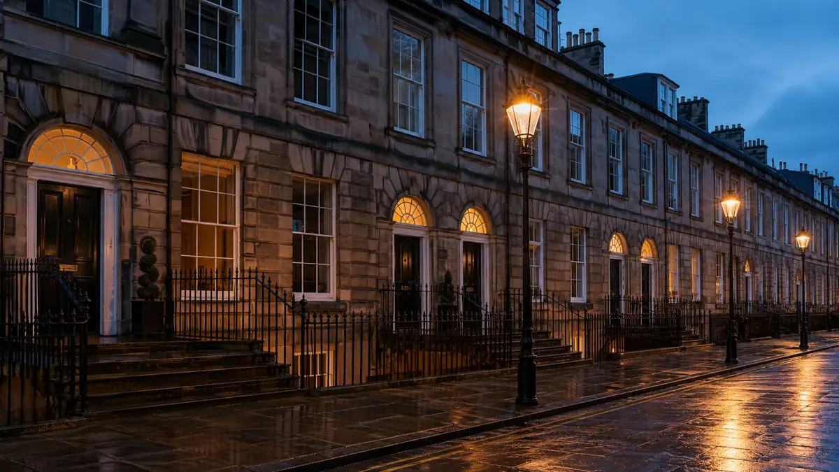 Georgian terraces and iron railings in the New Town at dusk