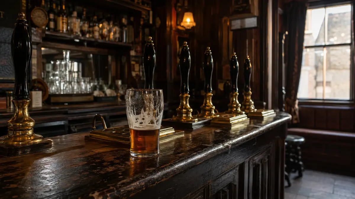 A dim city bar with a half-drunk pint on a scarred wooden counter