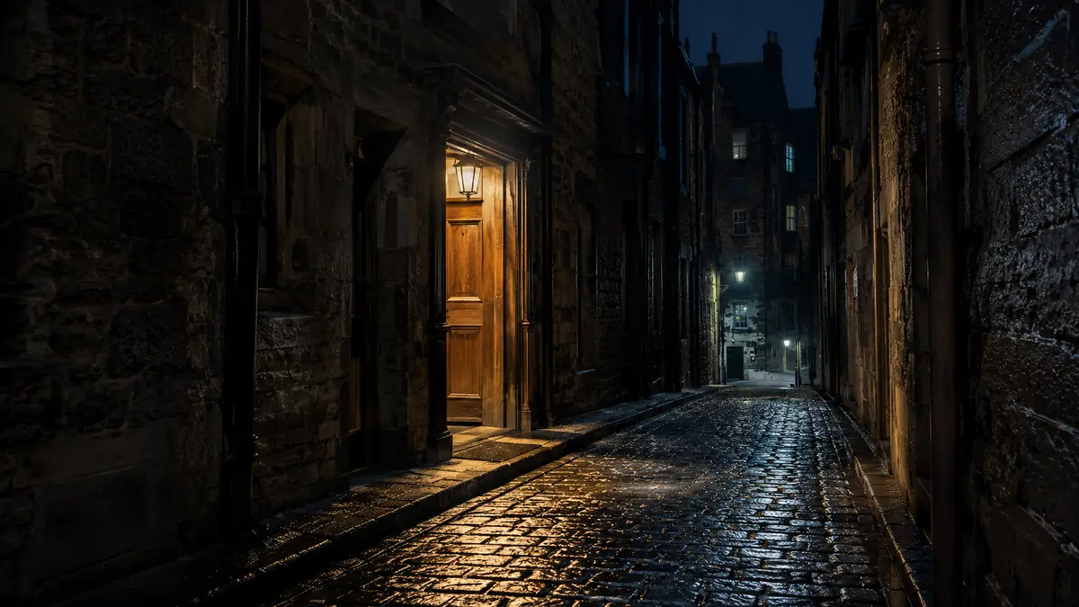 A narrow city pub doorway spilling yellow light onto wet cobbles