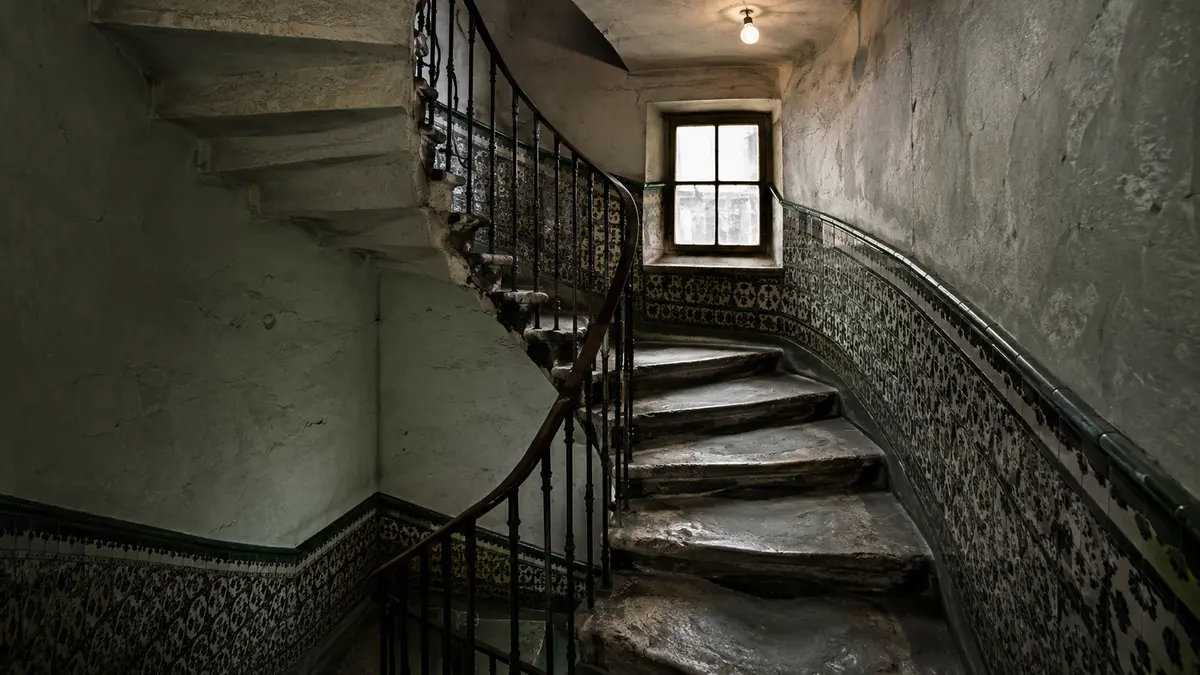 A worn stone tenement stairwell lit by a single bare bulb