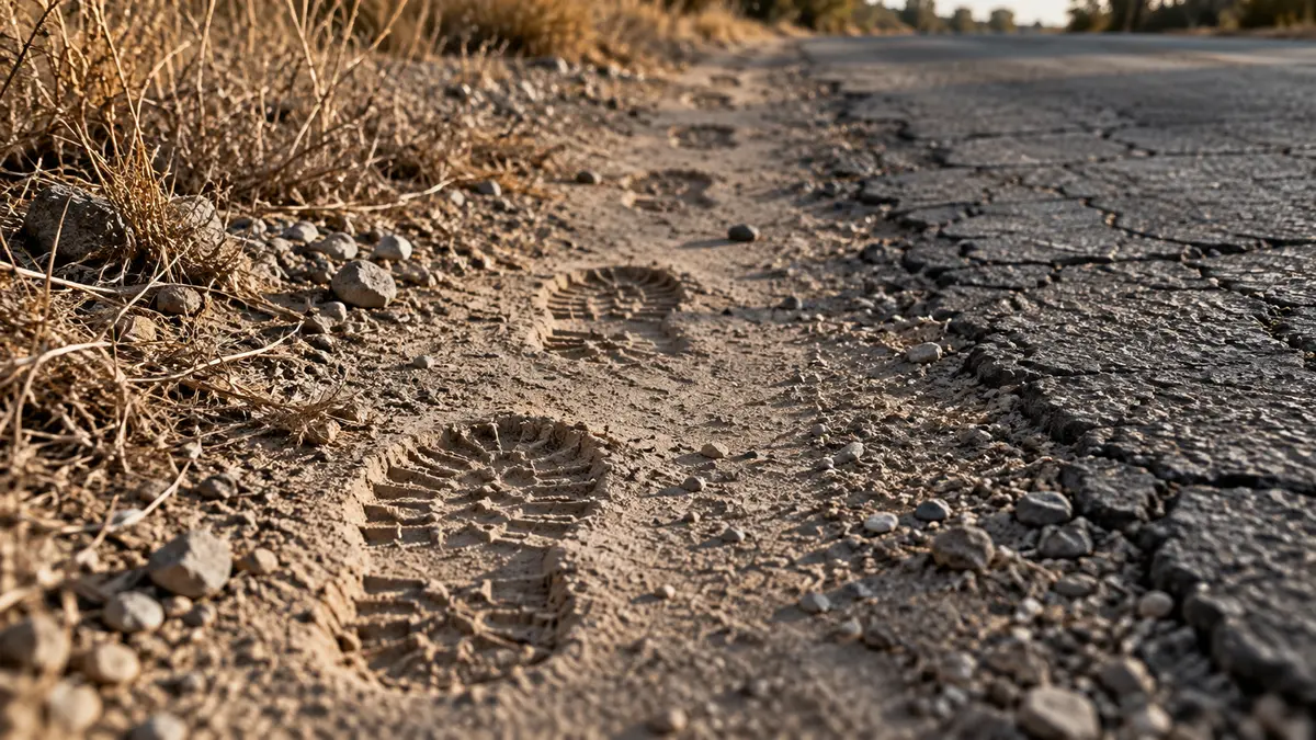 A single boot print in roadside dust