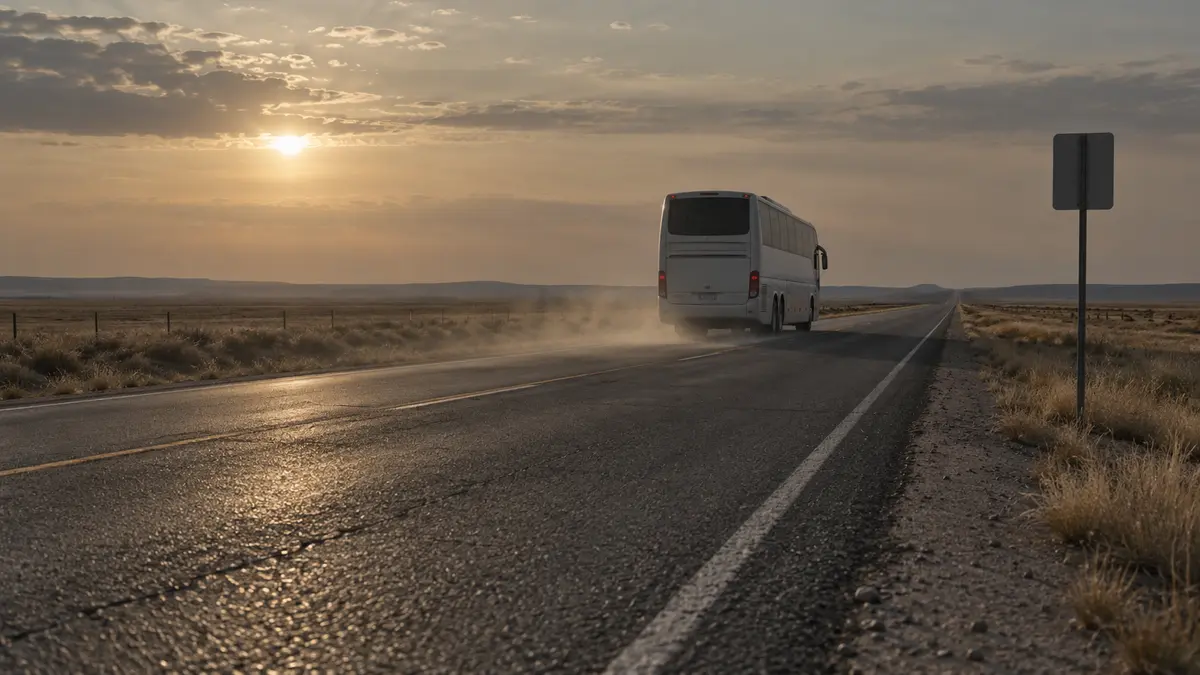 A long-distance bus pulling away from an empty roadside stop