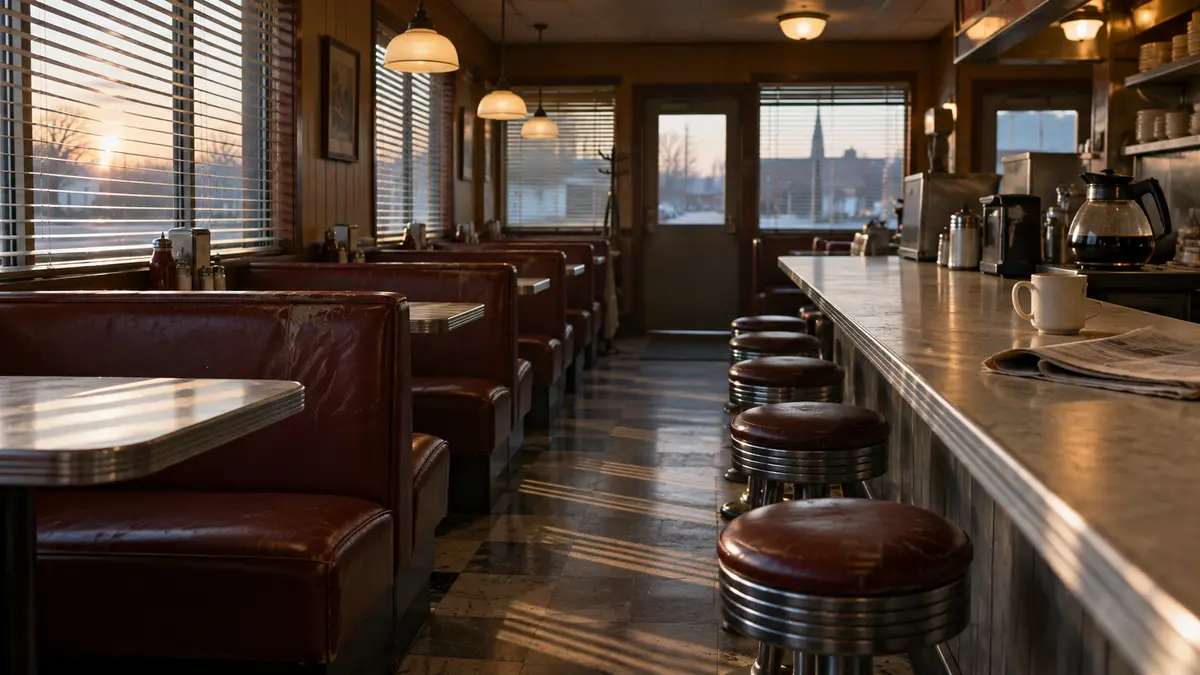 An empty small-town American diner at dawn