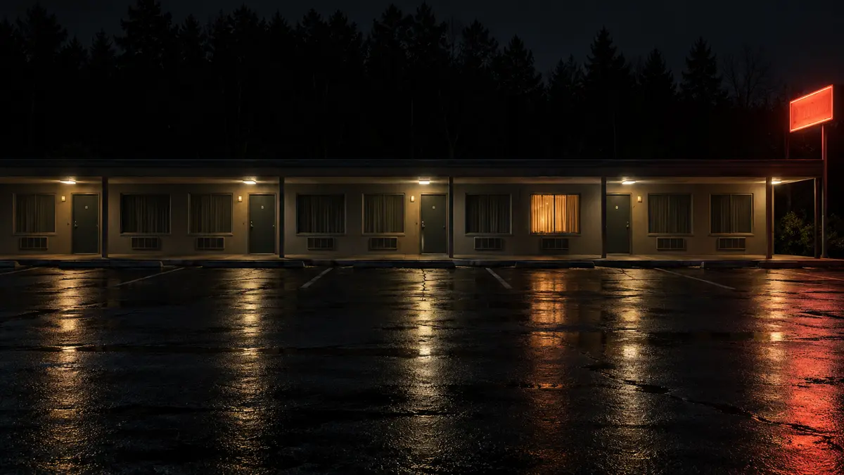A roadside motel at night after rain