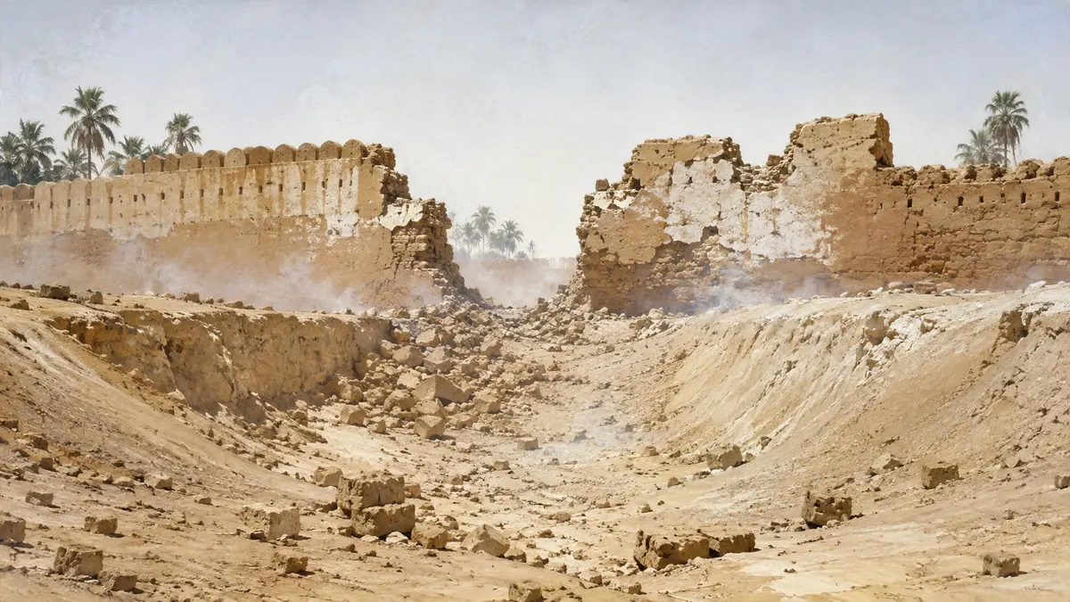 A breached mud-brick fortress wall under white Indian sun