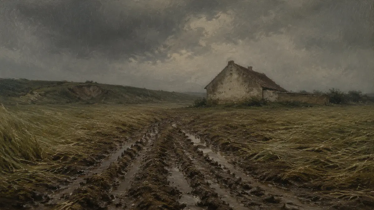 A muddy Belgian ridge line in heavy rain, churned by cavalry