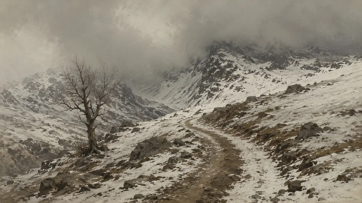 A ragged column crossing a bare mountain pass in winter