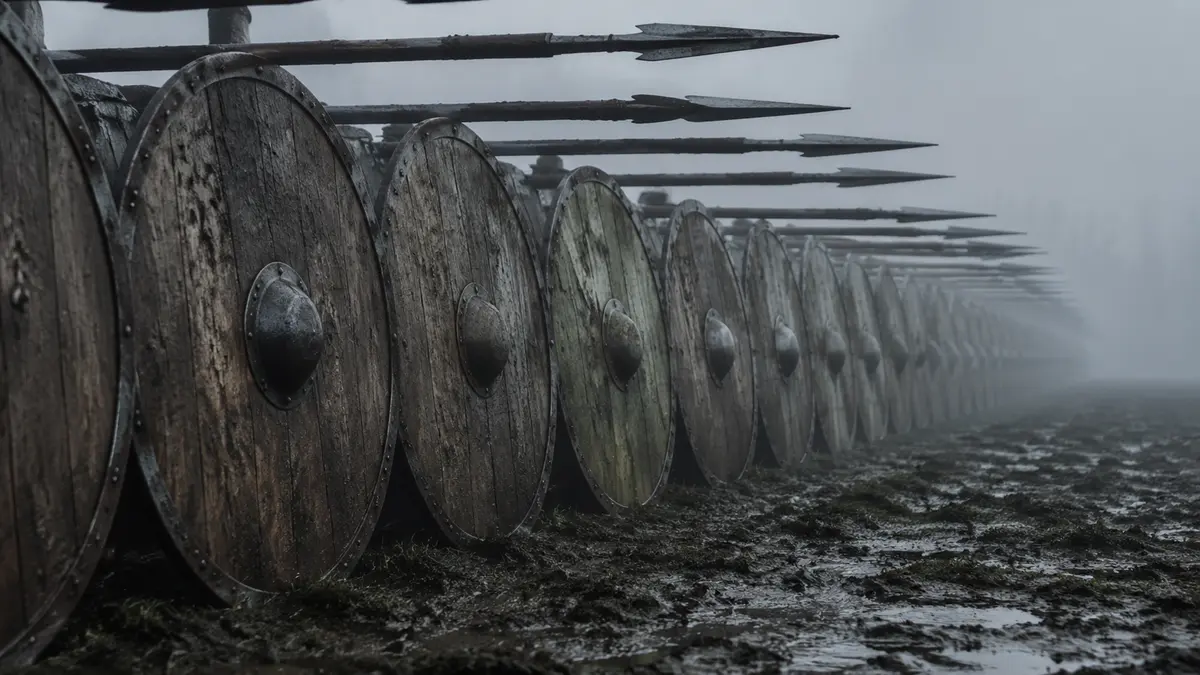 A locked line of round shields and spear points seen from the flank