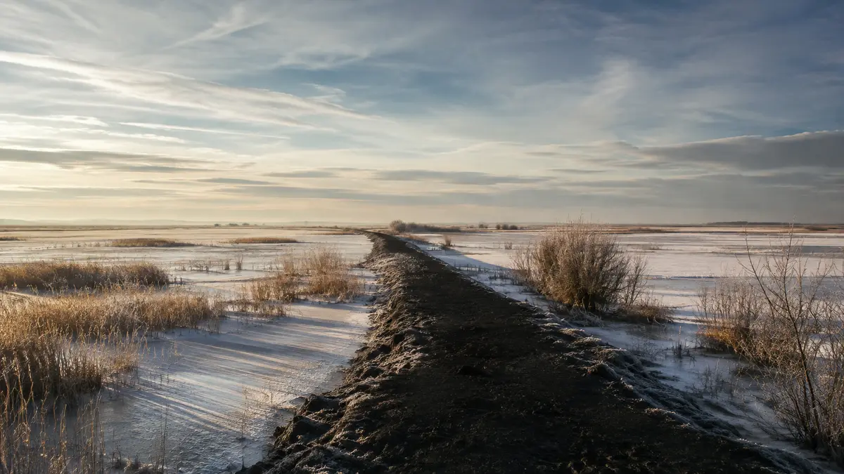 A frozen fenland causeway under a low winter sun