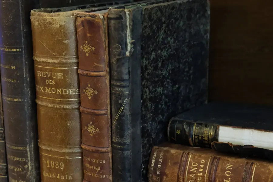 Antique leather-bound books on a shelf