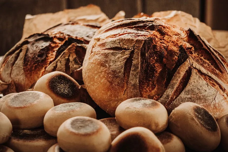 Freshly baked rustic sourdough loaves