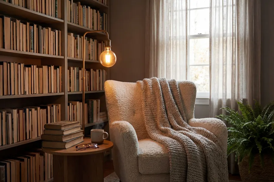 A warm reading corner with a leather armchair and bookshelf